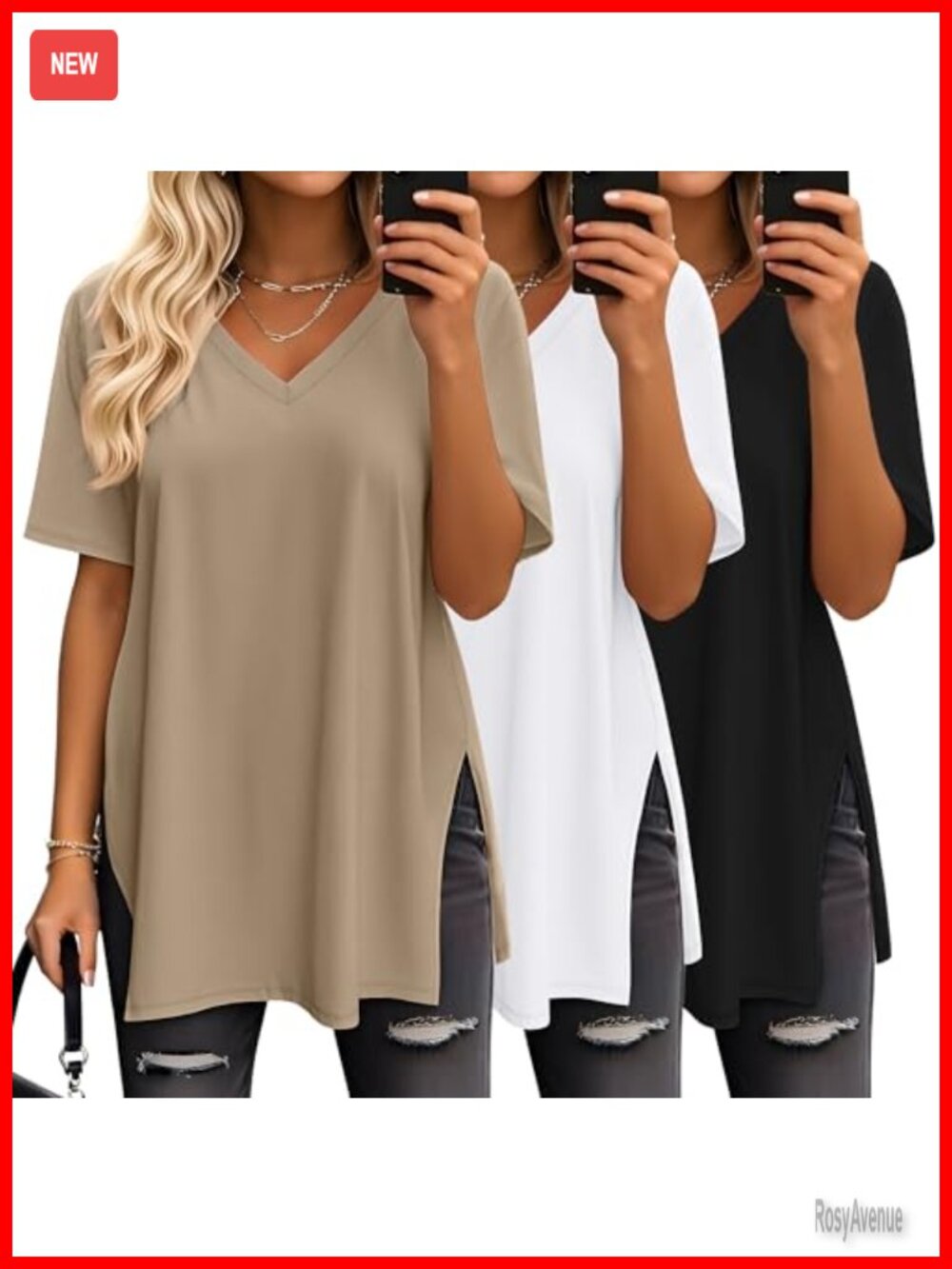 Oversized V Neck T-Shirts 3 Pack Polyester Cotton Elastane Side Slit
